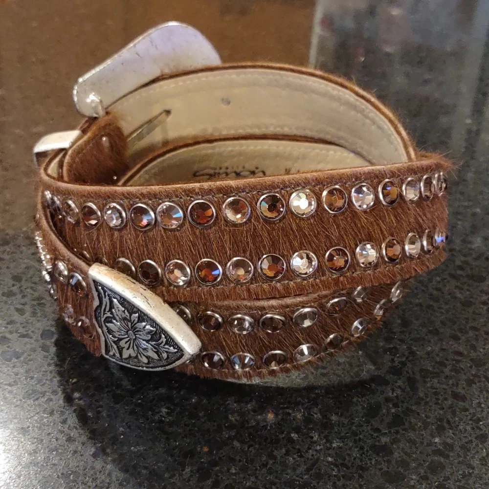 B.B. Simon | Crystal Embellished Brown Calf Hair Cowgirl Formal Western Belt